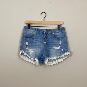 High Rise Lace Trim Distressed Jean Shorts